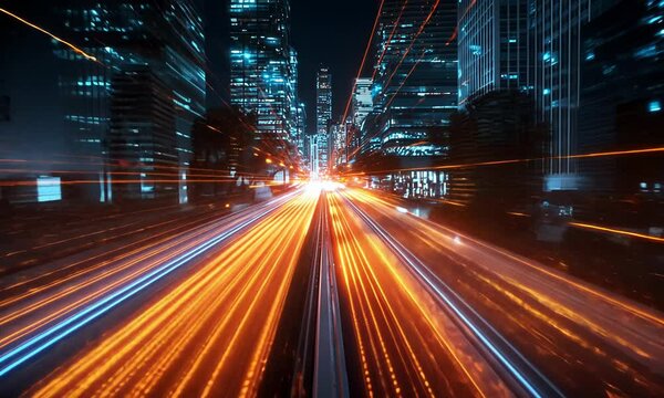 City street at night with light trails and digital overlay
