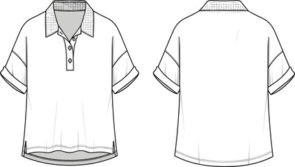Short sleeve polo shirt technical sketch, button placket detail, front and back view, fashion vector drawing, apparel flat template illustration