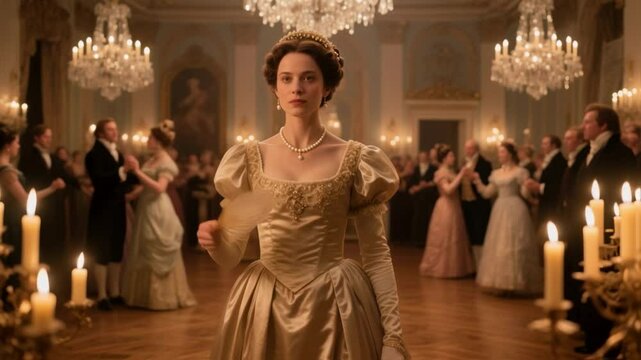 A noblewoman in an elegant gown stands with a fan at a lavish regency ball, observing the dancing couples, embodying the opulence and social drama of the 19th-century aristocracy