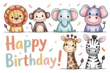 Happy birthday with cute animals cartoon illustration for kids party invitation and greeting card design