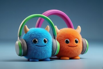 Two happy monsters listen music with headphones. Colorful background