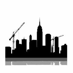 Obraz premium Urban skyline silhouette with construction cranes against white background 
