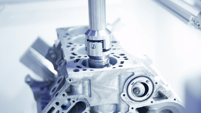 High-precision cnc milling machine working on engine block of truck in industrial setting.