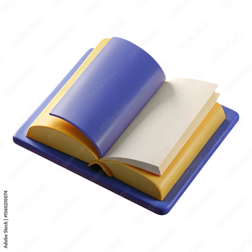 Poster 3 d render of an open book with blank white pages and blue and yellow covers, showing the spine and 