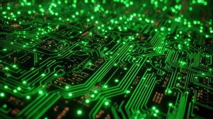 Obraz premium Glowing green circuit board pathways illuminate the intricate network of technological innovation, a mesmerizing display of digital connectivity.