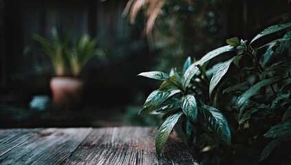 Rustic garden table with lush foliage