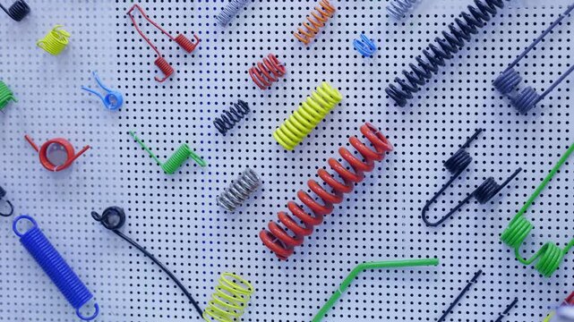 Colorful metal springs on pegboard display.