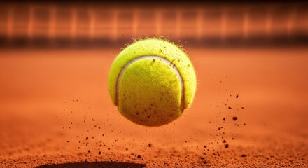 A bouncing tennis ball on a clay court, frozen in mid-air with a spray of red dust around it. A dynamic action shot from a professional match.
