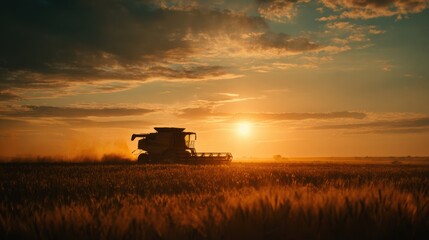 Obraz premium Golden Hour Harvest: A lone combine harvester silhouetted against a vibrant sunset, working diligently in a vast field of ripe grain.