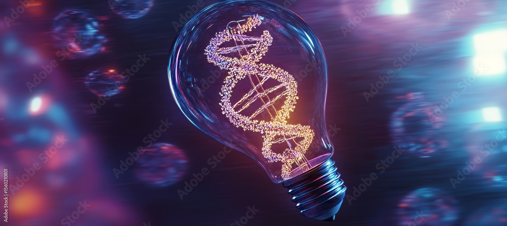 Poster conceptual image of dna double helix inside a glowing light bulb representing innovation in science.