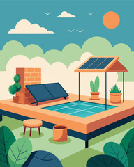 Fototapeta premium A rooftop oasis complete with a zen garden and cozy sitting area powered by the suns energy through strategically p solar panels.. Vector illustration