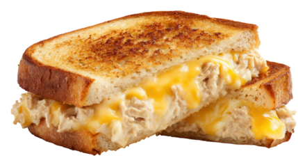Warm and cheesy tuna melt sandwich isolated on transparent background

