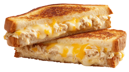 Warm and cheesy tuna melt sandwich isolated on transparent background

