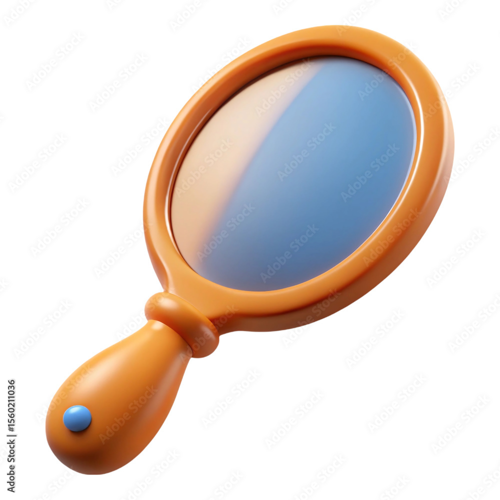 Poster 3 d render of an orange hand mirror with a blue and beige reflection on a black background isolated 