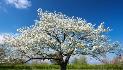 Fototapeta premium a tree with white flowers is in full bloom the flowers are large and spread out creating a sense of abundance and beauty the blue sky in the background adds a sense of calm
