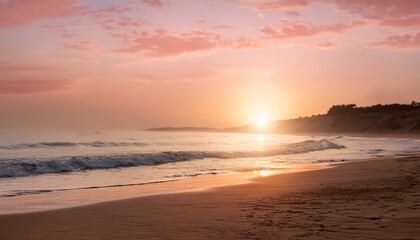 a serene beach scene at sunset with the sun setting over the horizon and a light pink sky