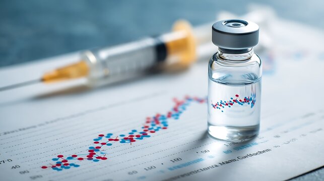 Vial labeled glp-1 with syringe, graphs showing health and growth trends .