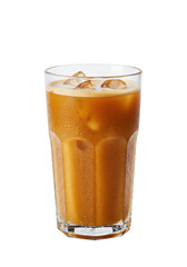 Cold coffee drink with ice in a tall glass against a black backdrop, refreshing and chilled