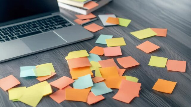 Colorful sticky notes scattered across a wooden desk alongside a laptop and books, suggesting brainstorming, project planning, or a busy work environment