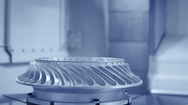 High-precision cnc milling machine crafting complex turbine wheel metal component.