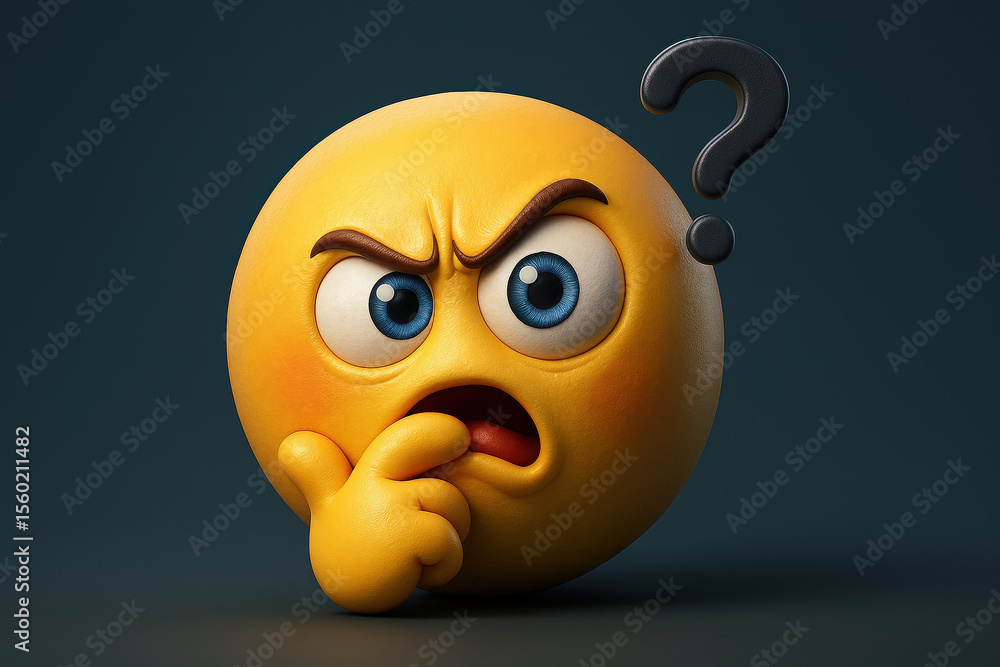 Poster cartoon emoji with a thoughtful expression and a question mark floating above its head against a dar