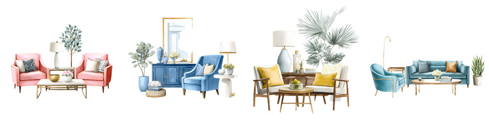 Living Room Interior Design Set - Watercolor Furniture Illustrations