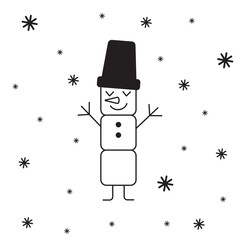 Cute white snowman with hat, buttons and falling snowflackes in outline style on white background for Christmas, New year, greeting cards, wallpapers, wrapping