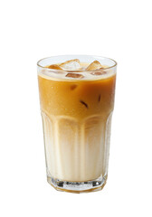 Refreshing iced coffee in a tall glass with ice cubes and creamy layers