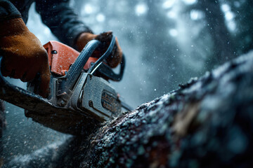close-up of a male logger using a chainsaw to cut into the base of a large pine tree