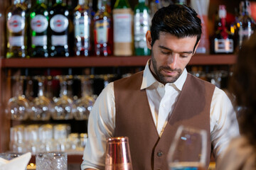 Close-up portrait of a handsome, attentive young bartender with a beard, wearing a vest and...