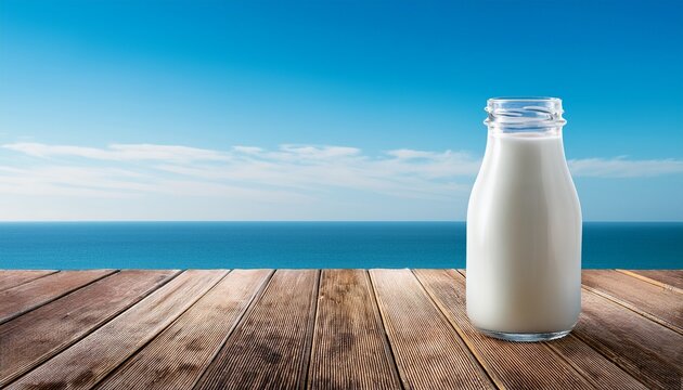 glass bottle of milk on wooden table against clear blue sky and sea background - Powered by Adobe