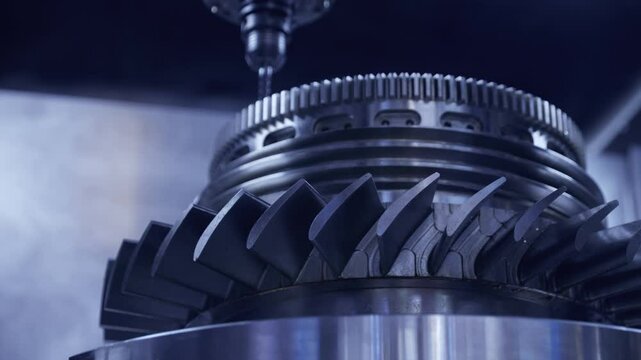 Arm 5 axis CNC machining center cutting engine turbine, technology for industry.