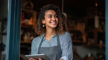 Happy young female entrepreneur stands in her shop doorway, holding a tablet, smiling and looking thoughtfully towards the future.