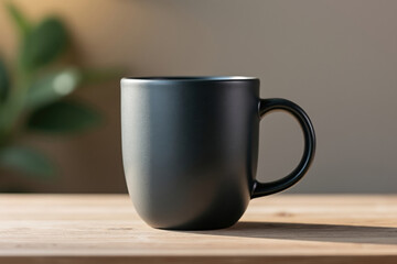 Matte Black Ceramic Mug on Wooden Table with Soft Background, Coffee or Tea Cup for Daily Use