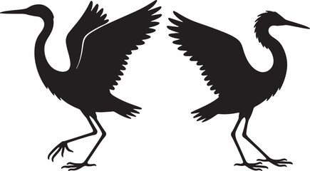 Heron standing on beach and branch with flying bird silhouettes on white background