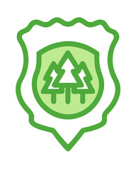 Eco-friendly shield badge with tree icons, representing forest conservation and environmental protection

