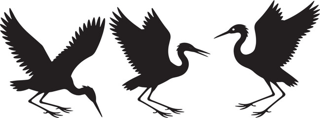 Heron standing on beach and branch with flying bird silhouettes on white background