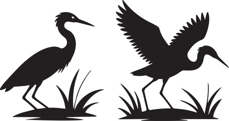 Heron standing on beach and branch with flying bird silhouettes on white background