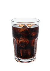 Refreshing dark soda with ice cubes in glass, isolated on black. Cold, bubbly, and thirst-quenching