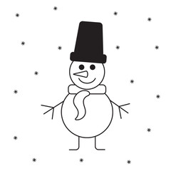 Cute white snowman with hat, buttons and falling snowflackes in outline style on white background for Christmas, New year, greeting cards, wallpapers, wrapping