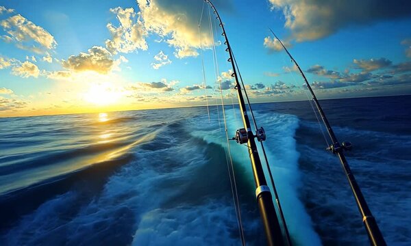 Fishing rods in the ocean at sunrise