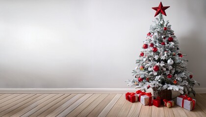 a flocked christmas tree adorned with red and silver ornaments a red star topper and a snowy base sits against a white wall and wooden floor