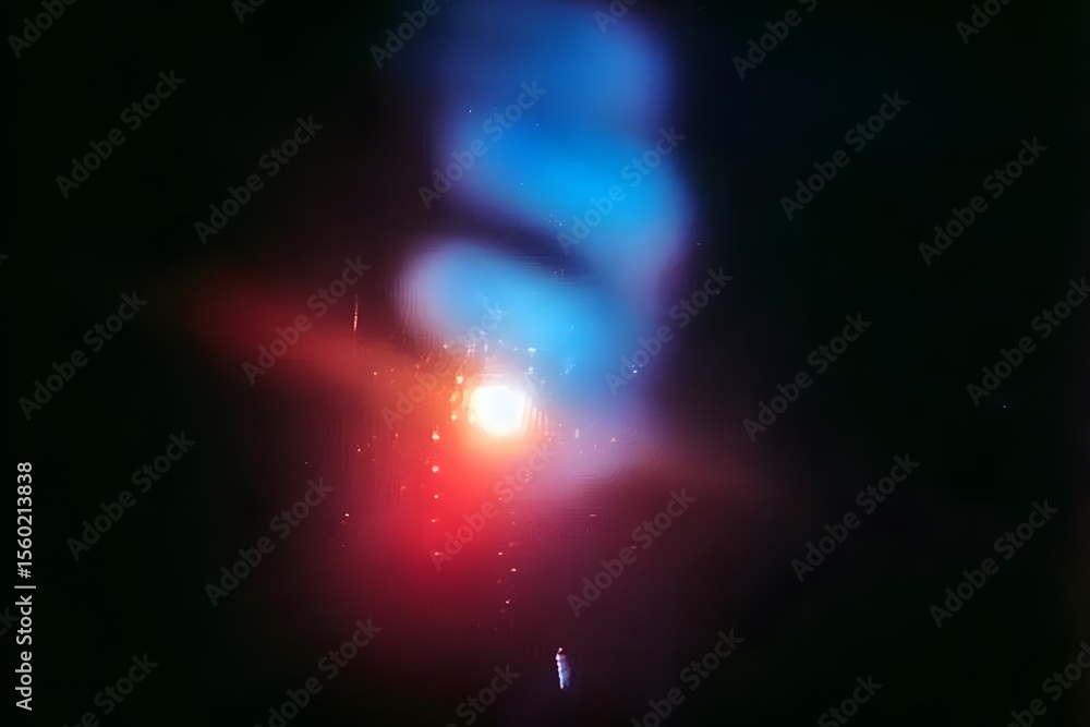 Poster a blurry photograph of an object in space, with a red and blue glow emanating from the edges.