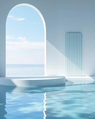 3D rendering of a minimalist product display stage. The window displays a calm sky, a grooved glass panel on the right, and a reflection in the still water.