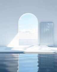 3D rendering of a minimalist product display stage. The window displays a calm sky, a grooved glass panel on the right, and a reflection in the still water.