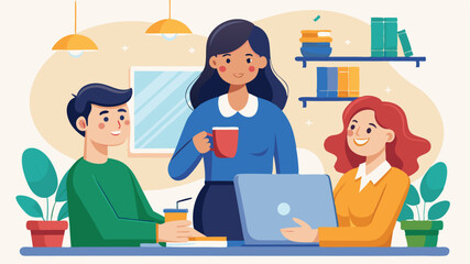 Fototapeta premium The female office owner is drinking coffee Talking to two team members background simple design