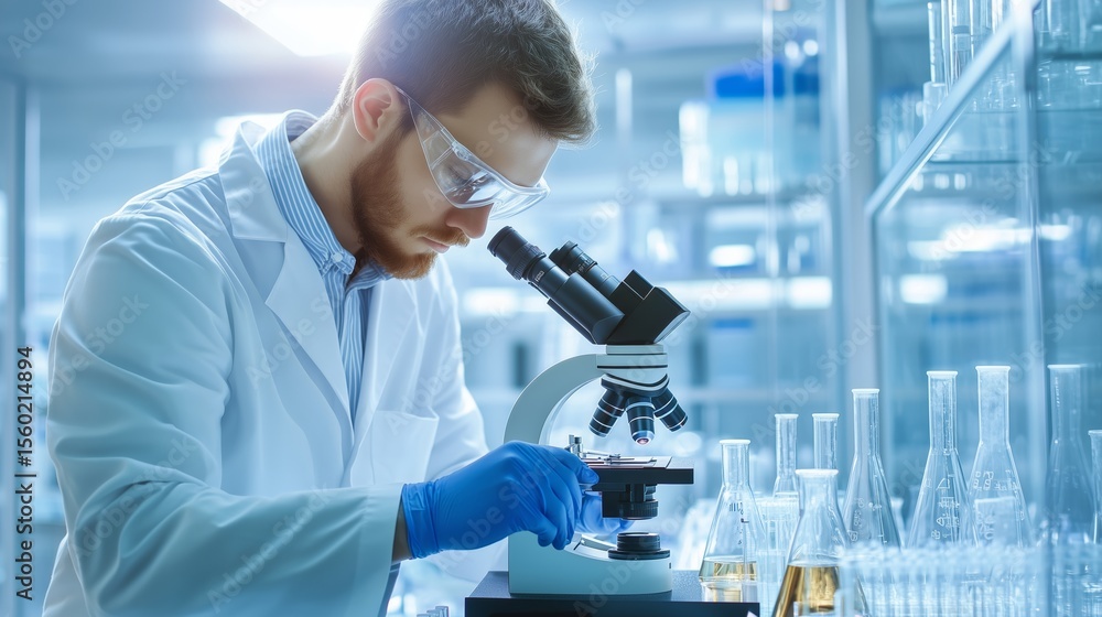 Poster scientist examining samples with microscope in laboratory during bright day