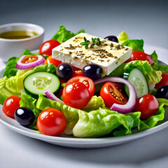 A fresh and colorful greek salad with a large block of feta cheese cherry tomatoes cucumbers red onion black olives and lettuce with a small bowl of dressing in the background