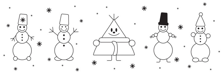Set of cute white snowmen with hat, buttons and falling snowflackes in outline style on white background for Christmas, New year, greeting cards, wallpapers, wrapping