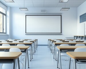 Empty modern classroom with projector screen